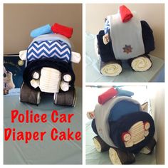 three pictures of a police car cake with the words police car diaper cake on it