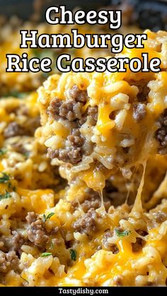 Easy Cheesy Hamburger Rice Casserole Recipe Ground Beef Rice Cheese Recipes, Beef With Rice Recipes, Recipes With Mushroom Soup, Cheesy Ground Beef And Rice Casserole, Recipes Using Cream Of Mushroom Soup, 1 Pound Ground Beef Recipes, Cream Of Mushroom Rice, Ground Beef And Rice Recipes, Cheesy Hamburger Casserole