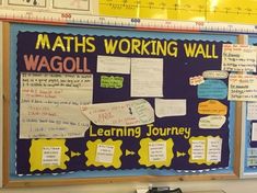 a bulletin board with maths working wall written on it and writing about waggli