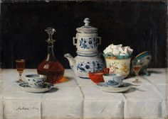 a painting of tea set on a white table cloth with other items in front of it