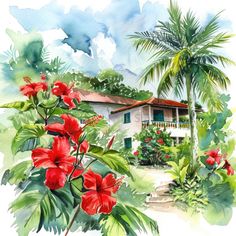 watercolor painting of red flowers and palm trees in front of a white house with green shutters