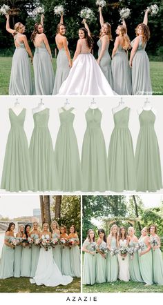 bridesmaid dresses and bouquets in mint green, with white flowers on them