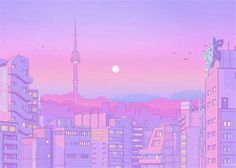 a city skyline with tall buildings and a full moon in the sky above it at dusk