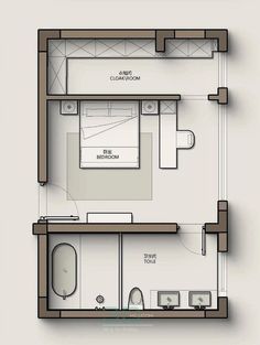 the floor plan for a small apartment with two bathrooms and one bedroom on each side