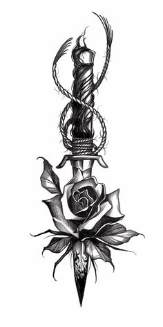 a drawing of a dagger with roses on the side and a rose in the middle