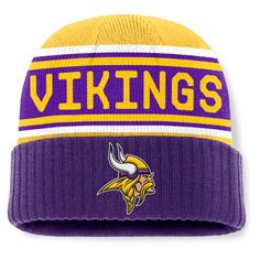 Stay warm while cheering on the Minnesota Vikings with this Fanatics Cuffed Knit Hat. This cuffed beanie is made from soft acrylic yarns with a comfortable knit design to keep you warm during the chilly winter months. The bold Minnesota Vikings graphics embroidered on the cuff allow you to rep your team with pride wherever you go. Cuffed Beanie, Nfl Gear, Uniform Design, Shield Design, National Football League, Top Gifts