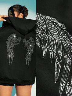 Negro Casual Collar manga larga Tela tejida Gráfico Cremallera Embellished Elástico Ligero Streetwear Hoodie With Rhinestones, Rhinestone Hooded Hoodie For Streetwear, Rhinestone Hoodie For Streetwear, Hooded Rhinestone Hoodie For Streetwear, Fall Hoodie With Rhinestones, Fall Rhinestone Hooded Hoodie, Fall Rhinestone Hoodie, Winter Hoodie With Rhinestones, Black Rhinestone Hoodie For Winter