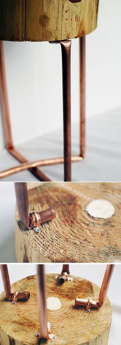 three different views of a table made out of wood and metal parts, including the legs