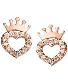 For princesses-in-training, these sparkly Disney heart and crown stud earrings with cubic zirconia accents. Heart-shaped Rose Gold Earrings For Mother's Day, Rose Gold Heart-shaped Cubic Zirconia Earrings, Rose Gold Heart Earrings With Diamond Accents, Rose Gold Heart Cut Earrings With Diamond Accents, Fine Jewelry Rose Gold Heart Earrings For Pierced Ears, Heart Shaped Rose Gold Earrings With Diamond Accents, Valentine's Day Rose Gold Heart Earrings With Cubic Zirconia, Heart-shaped Rose Gold Earrings With Diamond Accents, Rose Gold Cubic Zirconia Heart Earrings For Valentine's Day