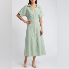 New W Tags! Madewell Midi Shirt Dress Size 6 Color: Pistachio (Light Green) Details & Care Coming In An Airy Linen Woven With Lenzing Ecovero Viscose, This Shirtdress Has A Point Collar And Oversized Short Sleeves. Designed With A Body-Skimming Fit, This Midi Has Buttons Along The Front For Easy On-And-Off. 50 1/2" Length (Size 8) Front Button Closure Point Collar Short Sleeves Unlined 55% Linen, 45% Lenzing Ecovero Viscose Lenzing Ecovero Viscose Is A Sustainably Produced Fiber Using Pulp Made Summer Short Sleeve Shirt Dress For Brunch, Casual Light Green Short Sleeve Dresses, Green V-neck Shirt Dress Casual, Green V-neck Shirt Dress For Day Out, Green Collared Midi Dress For Summer, Green Button-up Midi Dress For Vacation, Green Relaxed Fit Midi Dress For Daywear, Green Button-up Dress For Brunch, Green Midi Shirt Dress For The Beach