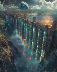 an artist's rendering of a waterfall in the sky with lights coming from it