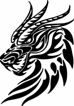 a black and white drawing of a dragon's head with sharp lines on it