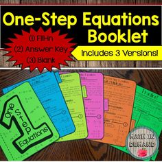 four notebooks with the words one - step equations booklet