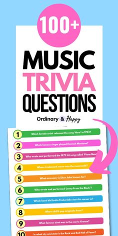 a poster with the words music trivia questions on it and an arrow pointing up