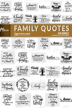 the family quotes svg bundle is shown in black and white with gold trimmings