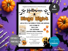 a halloween party flyer with pumpkins and bats on purple paper, surrounded by other decorations