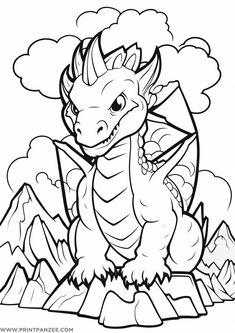 a cartoon dragon sitting on top of a rock in the mountains with clouds above it