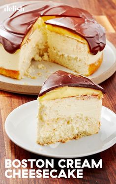 two slices of boston cream cheesecake on plates