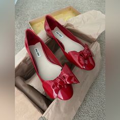 Giftable. Red Leather Evening Flats, Red Leather Flats For Evening, Party Flats With Red Sole, Red Pointed Toe Flats For Party, Party Patent Leather Flats With Round Toe, Red Round Toe Flats For Party, Red Round Toe Party Flats, Red Round Toe Flats For Evening, Red Party Flats