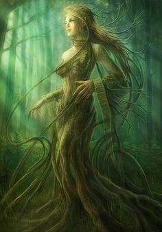 a woman with long hair standing in the middle of a forest holding a snake wrapped around her neck