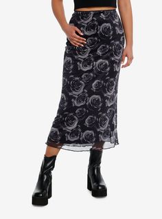 Let your wardrobe blossom with the perfect midi skirt! Add some monotones to your closet with this layered mesh skirt  which comes with a black base layer and a mesh top layer full of grey roses.95% polyester; 5% elastaneWash cold; dry flatLength: 34"ImportedListed in junior sizesModel is 5'9"Model wears size Small Skirt With Tshirt, Cosmic Aura, Early Fall Fashion, Mesh Top Layering, Blue Floral Skirt, Tall Hoodies, Grey Roses, Plus Size Fits, Mesh Skirt