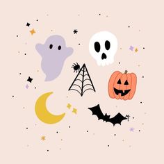 halloween wallpaper with pumpkins, bats and skulls on it's pink background