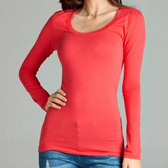 Favorite Scoop Neck Tee in Teaberry This long sleeve tee is delightfully basic. Perfect for layering! Super soft and comfy. 95% Cotton / 5% Spandex Baby Garments, Plain Tops, Scoop Neck Tee, Salmon Color, Basic Long Sleeve, Sophisticated Style, Edgy Fashion, Maternity Clothes, Long Sleeve Tee