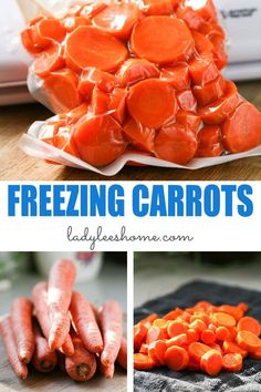 some carrots are sitting on a cutting board and the words freezing carrots above them