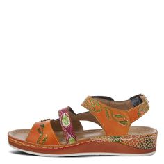 L'Artiste Style: Sumacah Hand painted, French inspired. This leather sandal features a unique color blocked floral pattern and a metal flower button with our signature rainbow stitching. Style meets comfort with the Hook and Loop Velcro straps at the top of the foot and buckle at the heel. You will be sure to get tons of compliments any time you walk out the door. Heel Height (approximately): 1 1/2", Platform Height: 1" Features: -Hand painted leather, contrast stitch detailing, antiqued gold ha Multicolor Sandals With Leather Footbed For Summer, Multicolor Leather Sandals With Cushioned Footbed, Multicolor Leather Footbed Sandals For Summer, Multicolor Leather Sandals For Summer, Multicolor Leather Sandals With Buckle Closure, Leather Sandals With Floral Print And Round Toe, Multicolor Open Toe Sandals With Leather Footbed, Multicolor Cushioned Sandals, Bohemian Orange Sandals For Spring