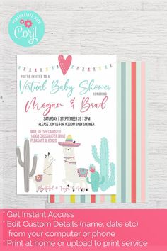 a baby shower party with llamas, cactuses and hearts on the front