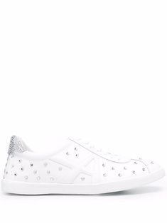 white leather crystal embellishment logo-print tongue round toe front lace-up fastening branded insole flat rubber sole Embellished Sneakers, Aquazzura Shoes, Lipstick Bag, Chain Strap Bag, Round Toe Shoes, Floral Shoes, Latest Sneakers, Mens Scarves, Sneakers Grey