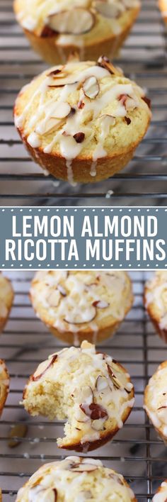 lemon almond ricotta muffins on a cooling rack with text overlay that reads, lemon almond ricotta muffins