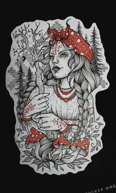 a drawing of a woman with long hair and a red bandanna on her head