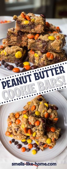 peanut butter cookie bars stacked on top of each other with candy corn and chocolate chips