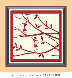 a red and white framed artwork depicting two people hanging from a tree branch with leaves