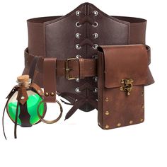 PRICES MAY VARY. -Enhance your Renaissance costume with our Belt Pouch Black/Brown, Corset Waistband + leather Strap Keyring + Coin Purse + Witch Magic Cork Potion Bottle Set. This set features a durable leather belt, an adjustable belt pouch, and two 1500ml glass potion bottle/vials, perfect for Festival Medieval Dress Up，Steampunk Style，Pirate & Assassin play, LARP Ren Faire, Halloween or cosplay parties. -Stand out in the dark and add a touch of magic to your outfit with the Glass Potion Bott Mascarade Halloween, Skirt Hike, Medieval Halloween, Steampunk Medieval, Style Steampunk, Pouch Purse, Halloween Style, Steampunk Accessories, Corset Belt