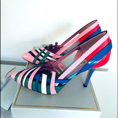 Brand New! Multi Color Leather Pumps. Never Used Elegant Multicolor Leather Heels, Designer Purple Heels For Spring, Designer Multicolor Evening Heels, Chic Multicolor Heels With Branded Heel Counter, Emilio Pucci, Leather Pumps, Shoes Women Heels, Pink Purple, Shoes Heels