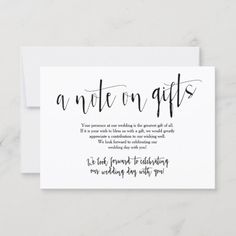 a white card with black ink that says, a note on gifts