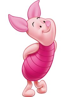 an animated pig with pink hair and tail, standing in front of a white background