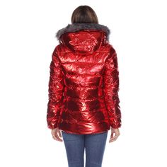 Zipper in the warmth in this eye-catching metallic puffer jacket, an oversized pick designed with a super cozy material that features front zipper closure, hoodie and two front zip pockets. This on-trend design shines with timeless urban style. Features: material 100 percent Polyester, Metallic jacket, zipper closure and 2 front zip pockets. Red Hooded Jacket With Zipper Closure For Winter, Casual Hooded Metallic Outerwear, Red Winter Puffer Jacket With Zipper, Trendy Hooded Puffer Jacket With Faux Fur Lining, Shiny Long Sleeve Winter Outerwear, Metallic Long Sleeve Winter Outerwear, Metallic Winter Outerwear For Streetwear, Metallic Outerwear For Winter Streetwear, Metallic Winter Streetwear Outerwear