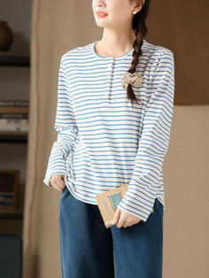 Styles:	Casual
Material:	100% Cotton
Clothing Length:	Regular
Sleeve Length:	Long Sleeve
Collar:	Round Neck
Decoration:	Button
Pattern:	Striped
Season:	Spring/Fall

#stripes #tshirt #cotton #tee