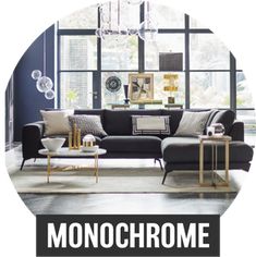 a black and white living room with the words monochrome on it