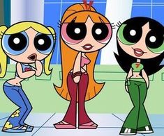 the powerpuff girls are talking to each other in front of a microphone,