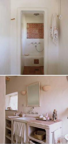 before and after pictures of a bathroom remodel with white walls, pink countertops, and an old bathtub