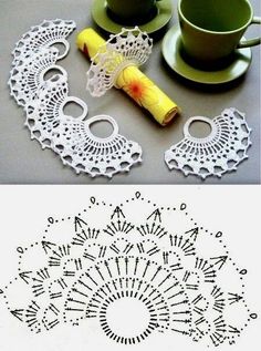 crochet doily and coffee cup on table next to lace doidles