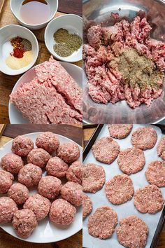 meatballs and other ingredients laid out on top of a wooden table, including raw meat