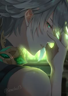 an anime character with grey hair and green eyes, holding his hand to his face