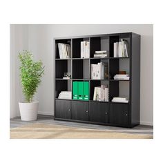 a black bookcase with several books on it and a potted plant in the corner