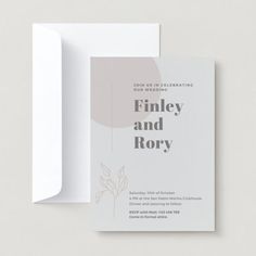 a wedding card with the words, findley and roxy printed on it next to an envelope