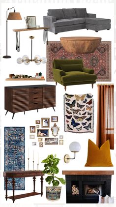 a collage of furniture and decor items